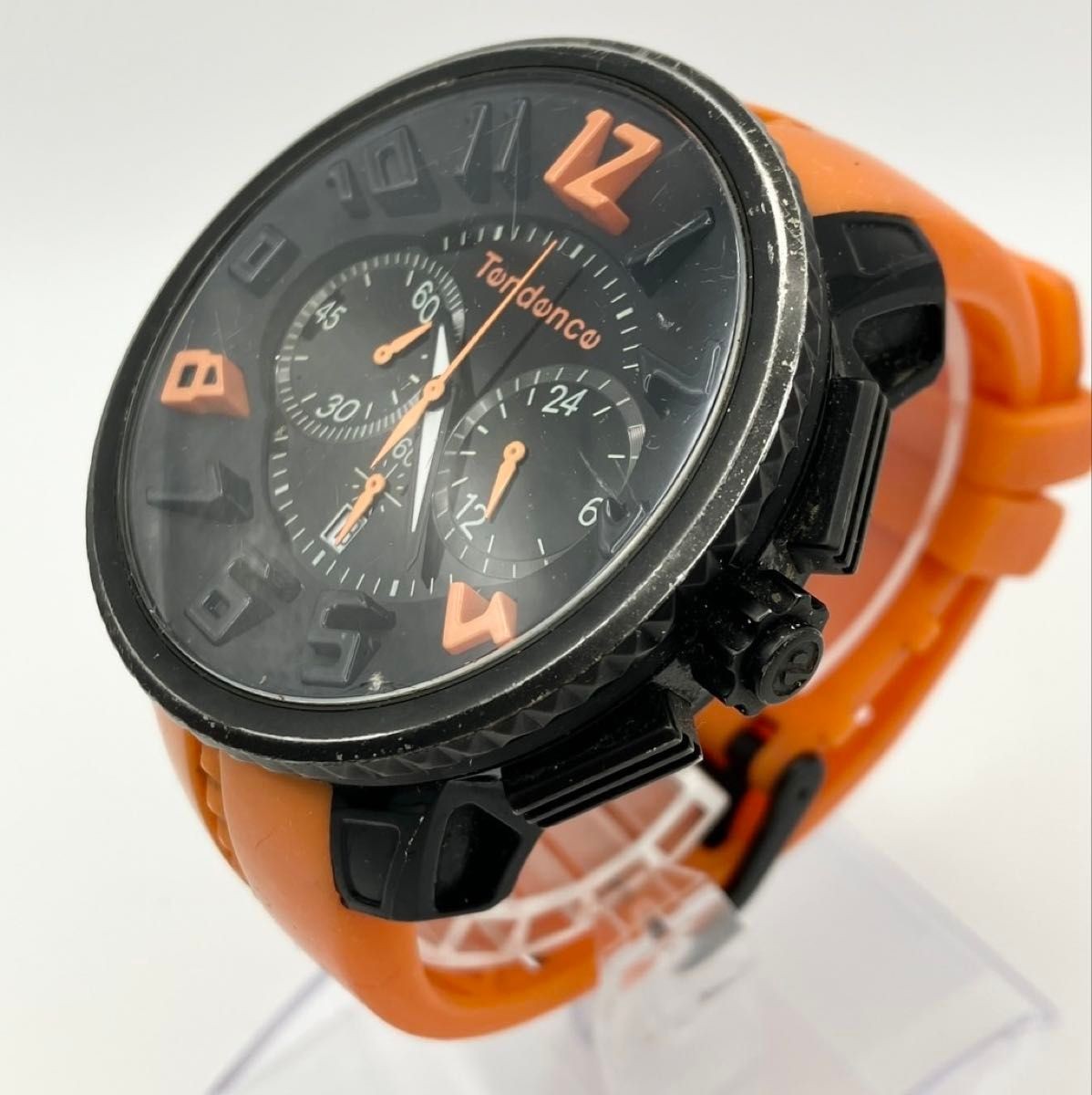 Tendence Gulliver Round Chronograph Mens Watch Black PVD Orange Rubber Band