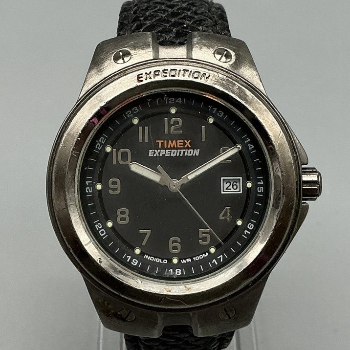 Timex Expedition Mens Watch 39mm Black Dial Date Indiglo Leather New Battery