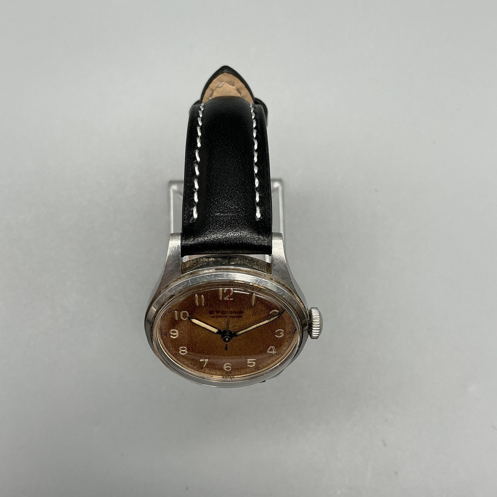Vintage Eterna Mens Watch 30mm Patina Dial Stainless Black Leather Manual Wind