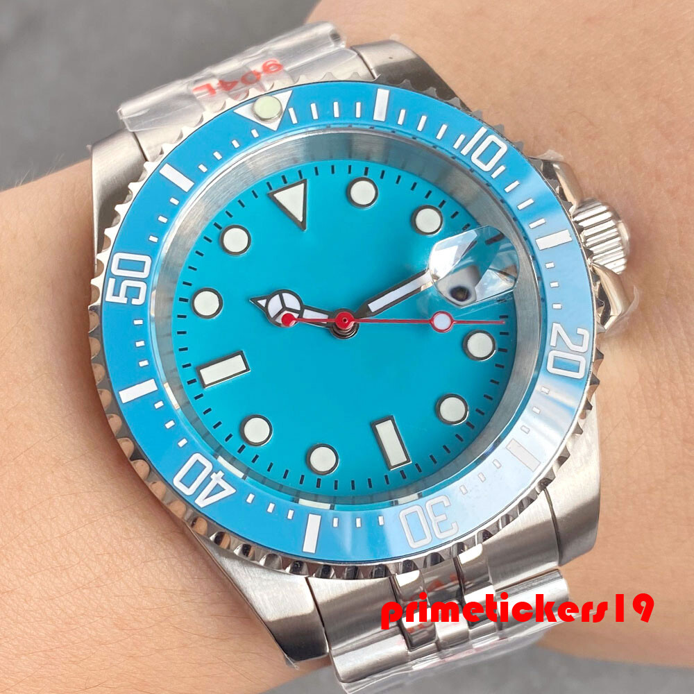 Tandorio NH35 Sky Blue Date Men 40mm Automatic Watch Ceramic Bezel Sapphire Lume