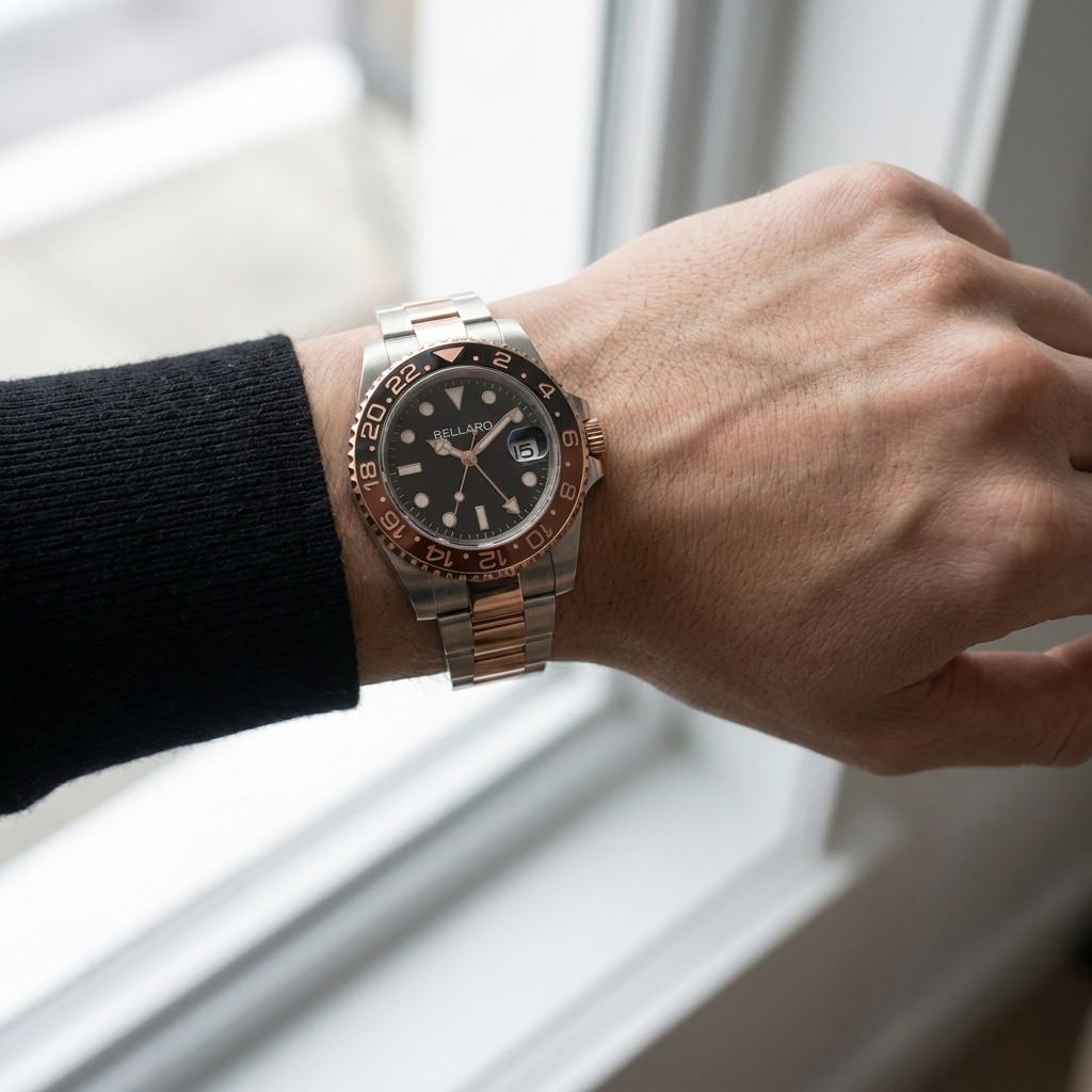 BELLARO GMT Style Watch – NH35 Automatic – Sapphire Crystal Rose Gold Black Dial