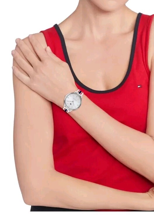 Tommy Hilfiger Watch Silver Dial And Red White Blue Band Unisex 1782498 New