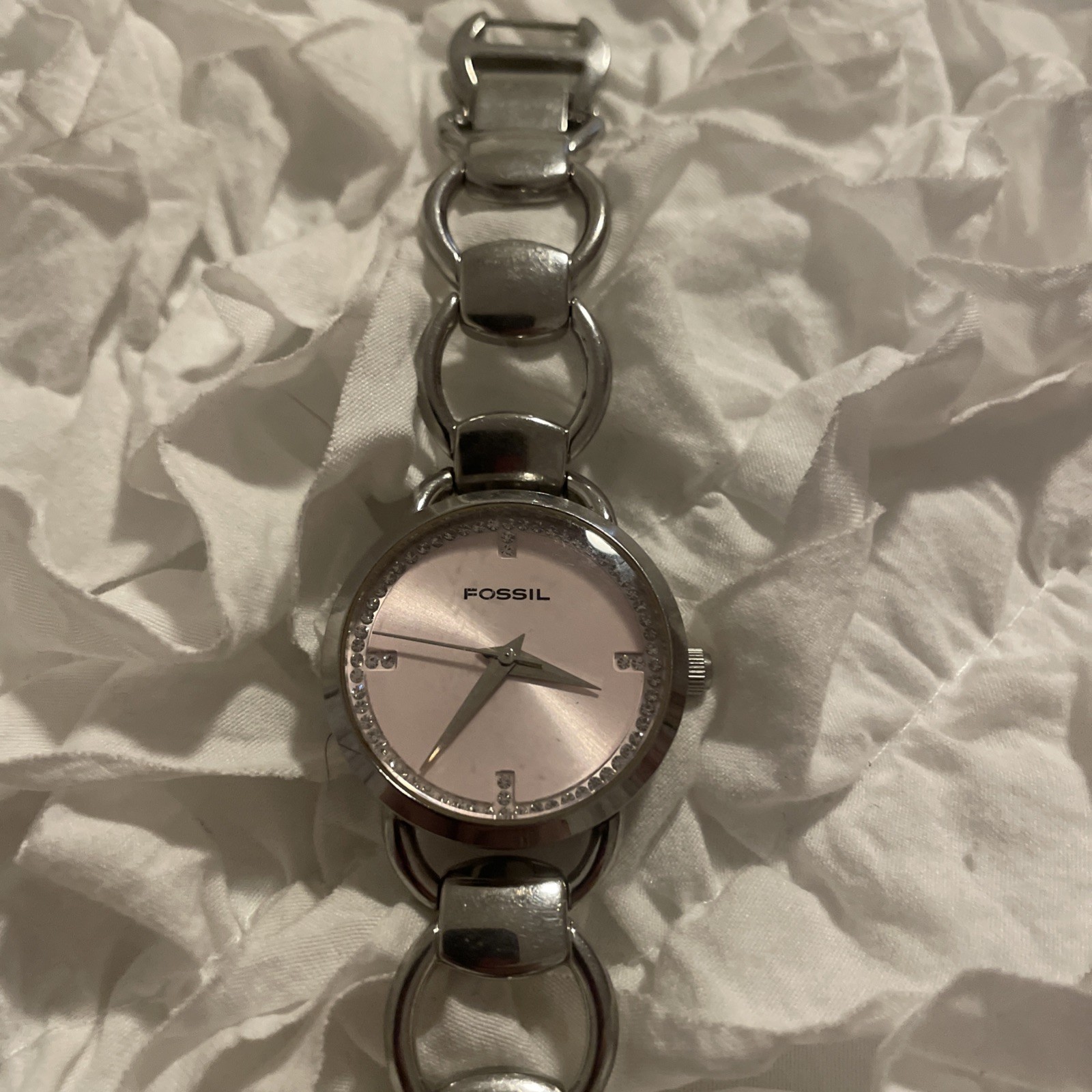 Fossil F2 Women Watch 30mm Round Pink Dial Silver Tone Link Working