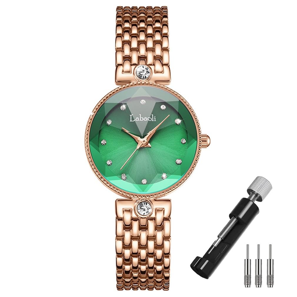 Deselon Ladies Watch Rose Gold Crystal Green Dial Stainless Steel Waterproof