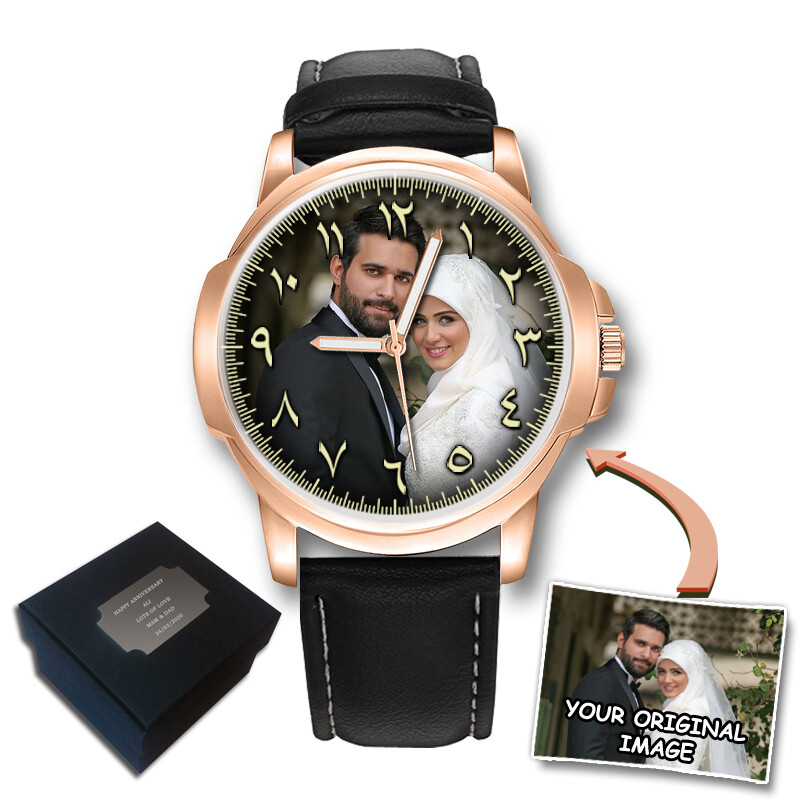 PERSONALISED CUSTOM MENS ARABIC DIAL PHOTO WRIST WATCH ANNIVERSARY GIFT ENGRAVED