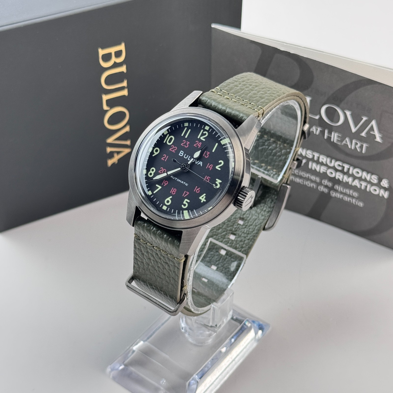 Bulova Men’s Military Hack Automatic Black Dial Green Leather Strap Watch 98A255