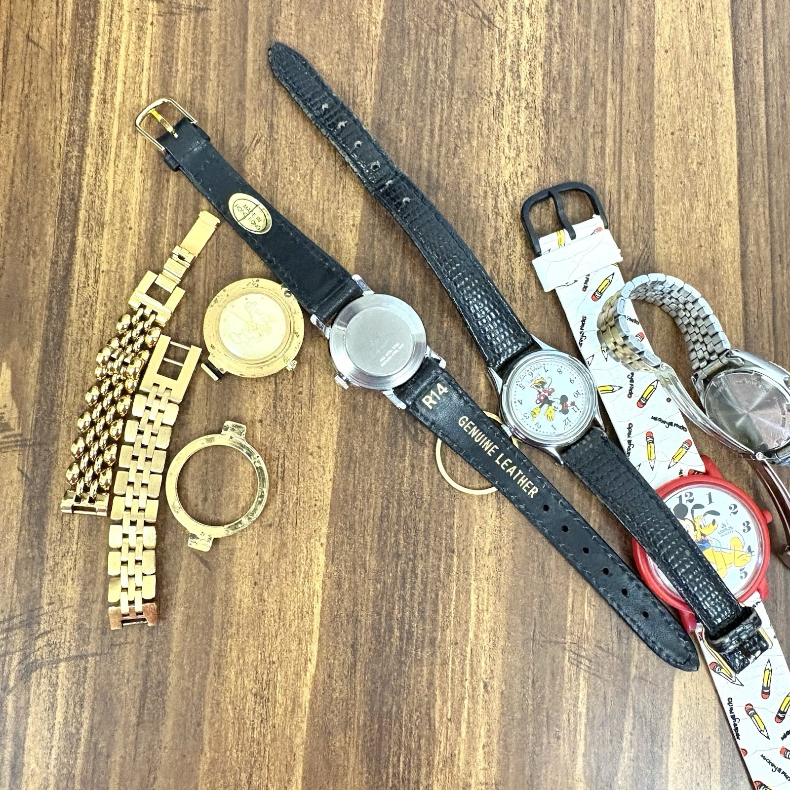 Lot Of 5 Non Working Mickey Mouse Watches For Parts & One New Band As Shown
