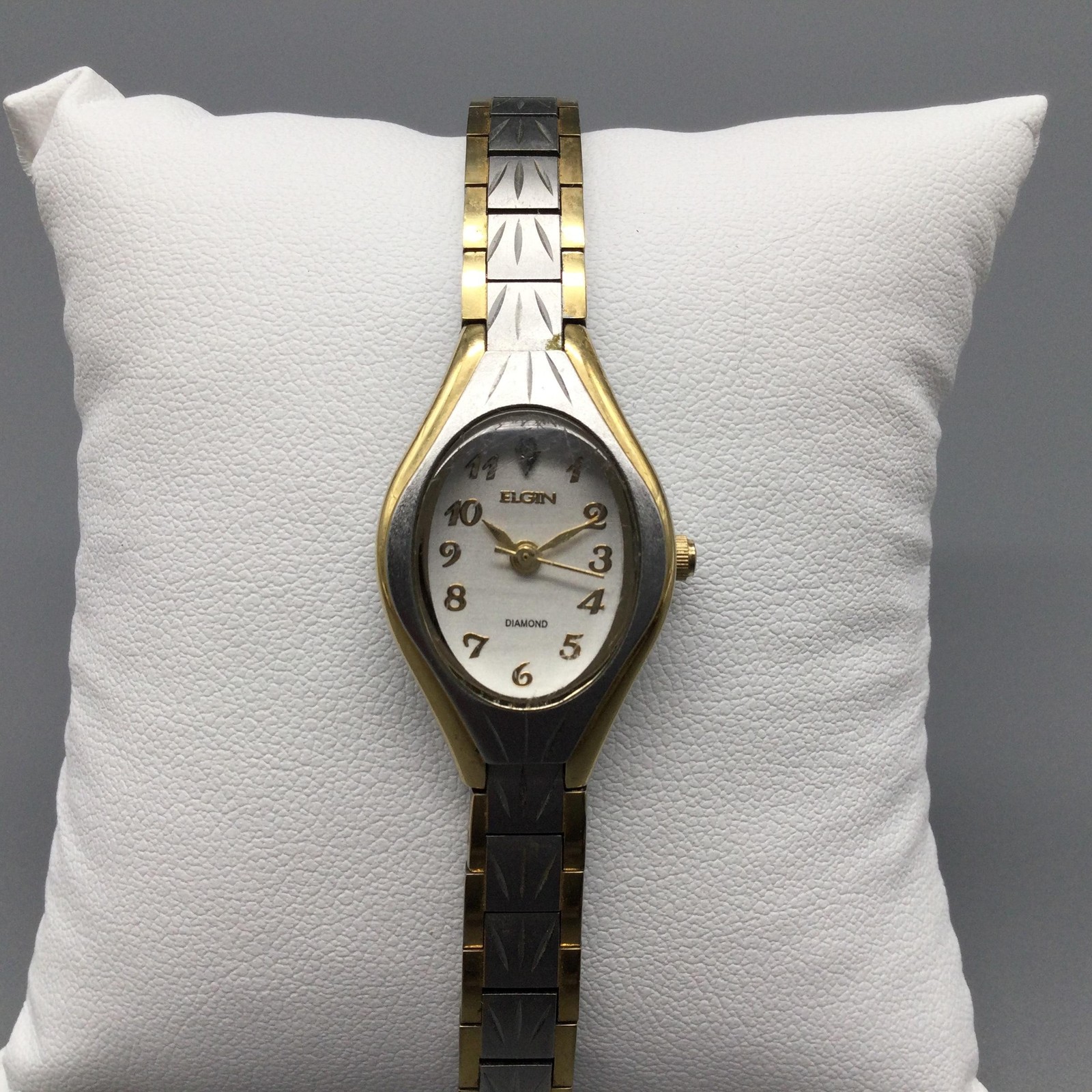 Elgin Womens Watch 19mm White Dial Two Tone Diamond Stainless New Battery 8″