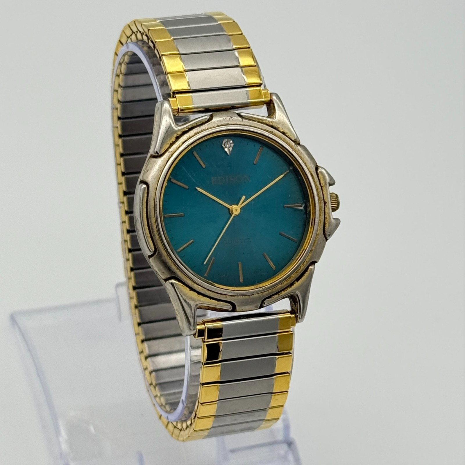Vintage 1990s Men’s EDISON Two-Tone 35mm Watch, Blue-Green Dial, Diamond Accent