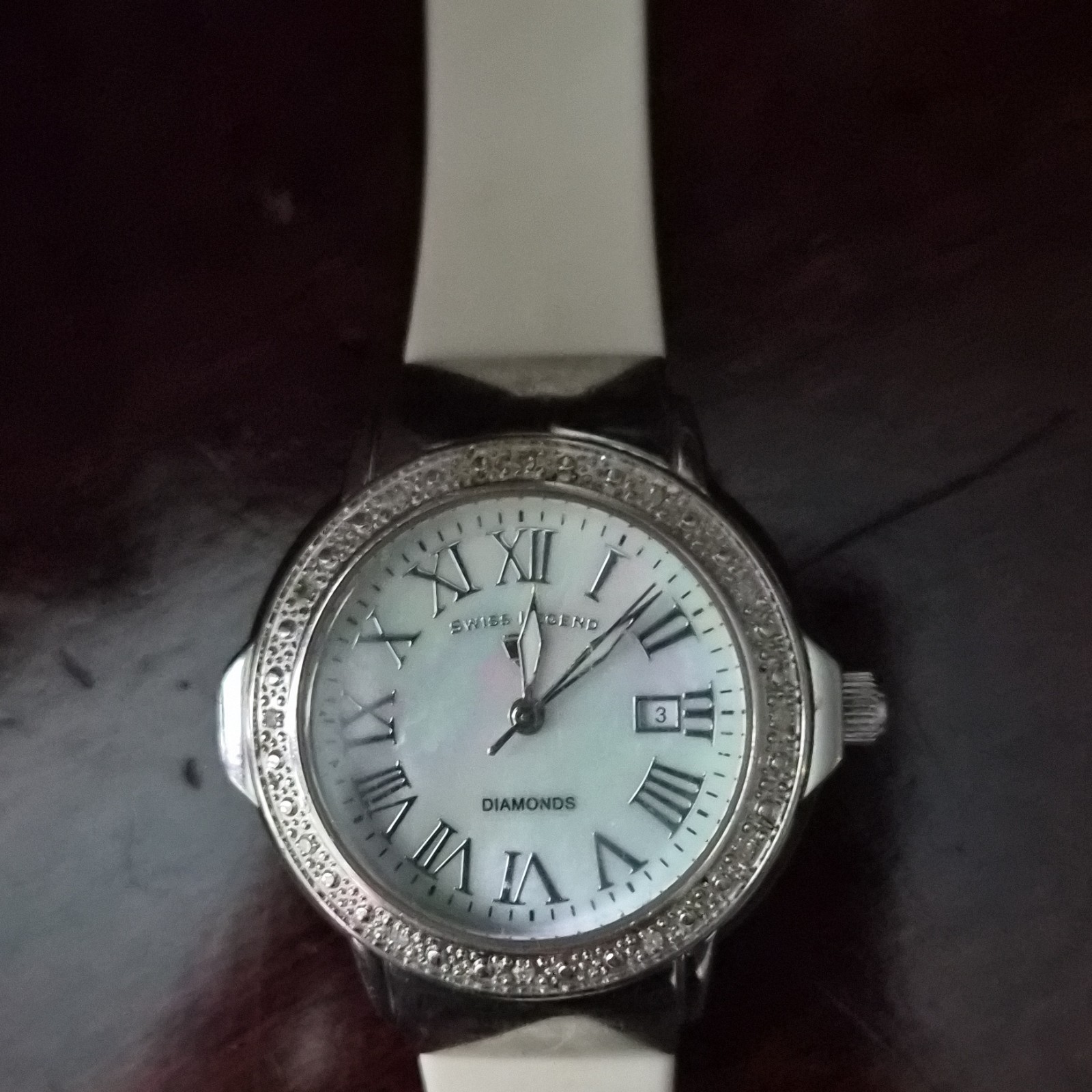 Swiss Legend Quartz Diamond Bezel MOP White Dial Roman Date White Strap