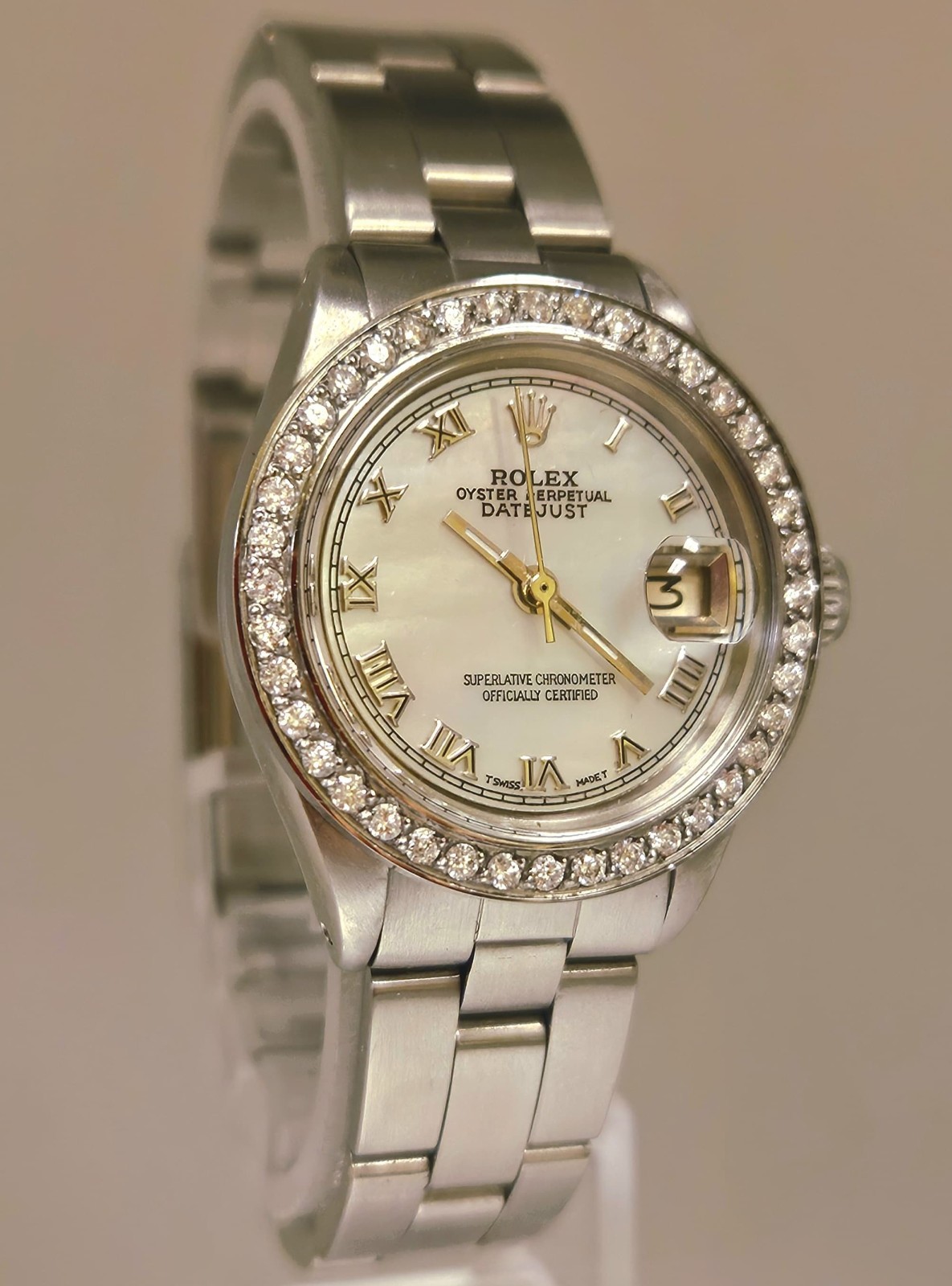 Rolex Lady Datejust Oyster Stainless Diamond Bezel Watch Roman Pearl