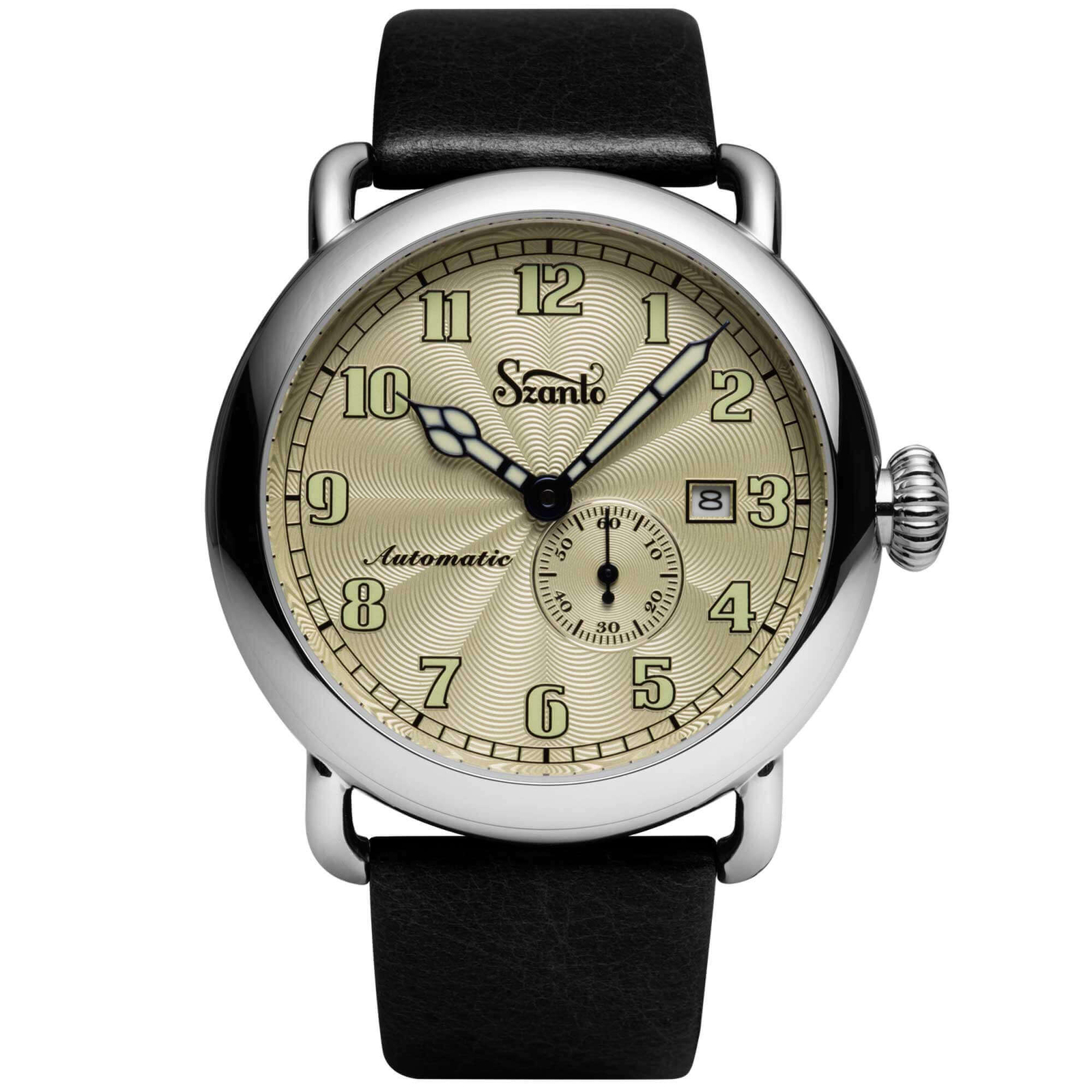 Szanto Men’s Watch Officer Classic Round Ivory Dial Black Leather Strap SZ 6305E