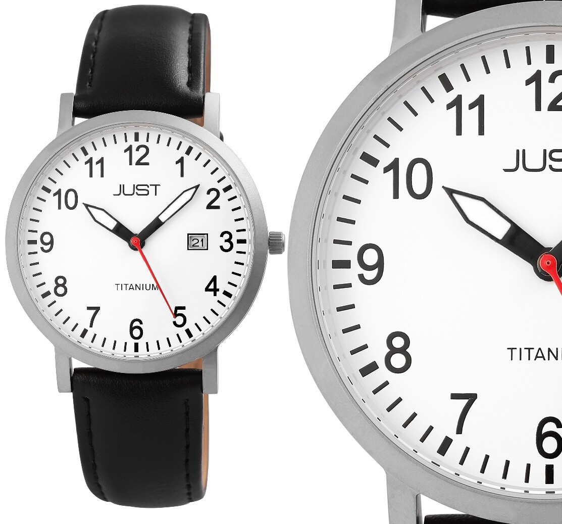 Titanium Men’s Watch Wristwatch White Black Silver Leather Strap 5 ATM JUST JU20041