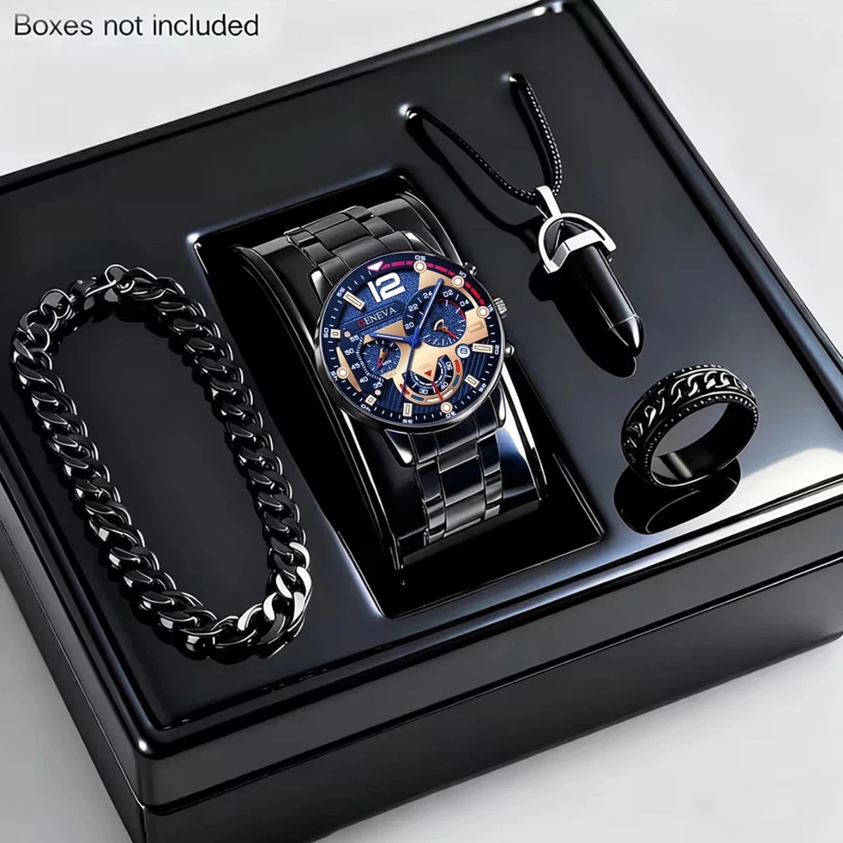 4 PCS Men’s Quartz Watch Set Bracelet Ring Necklace Fashion Gift Set No Box