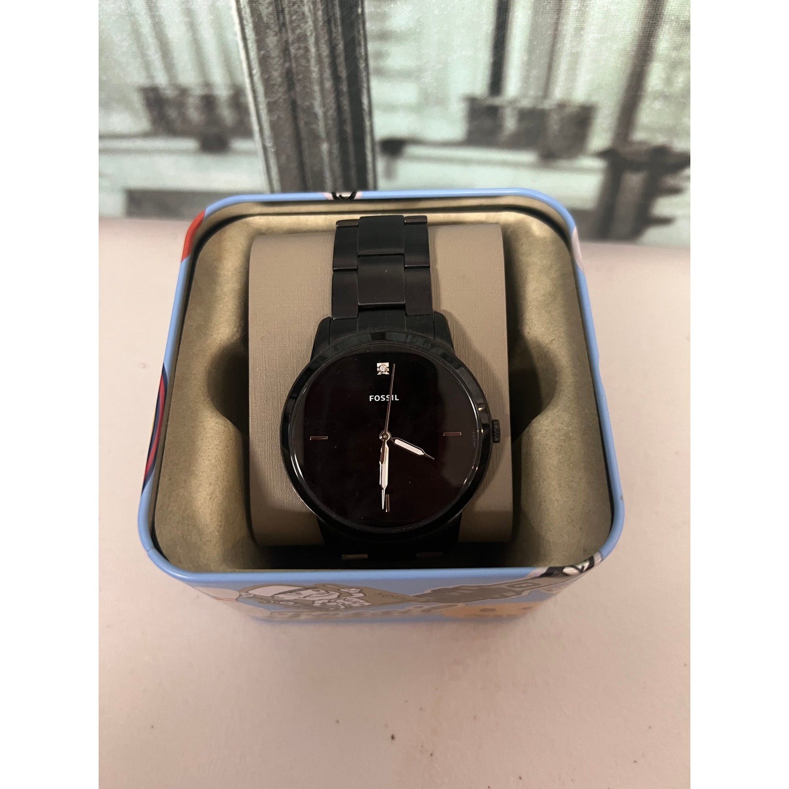 Fossil FS5455 Minimalist All Black Stainless Steel Diamond Accent Men Watch