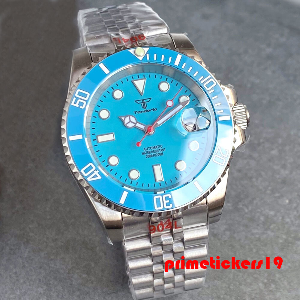 Tandorio NH35 Sky Blue Date Men 40mm Automatic Watch Ceramic Bezel Sapphire Lume
