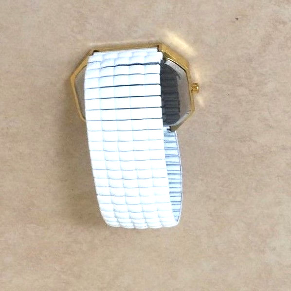 Finesse Womens Gold Octagonal Watch White Easy to Read Dial White Stretch Band!