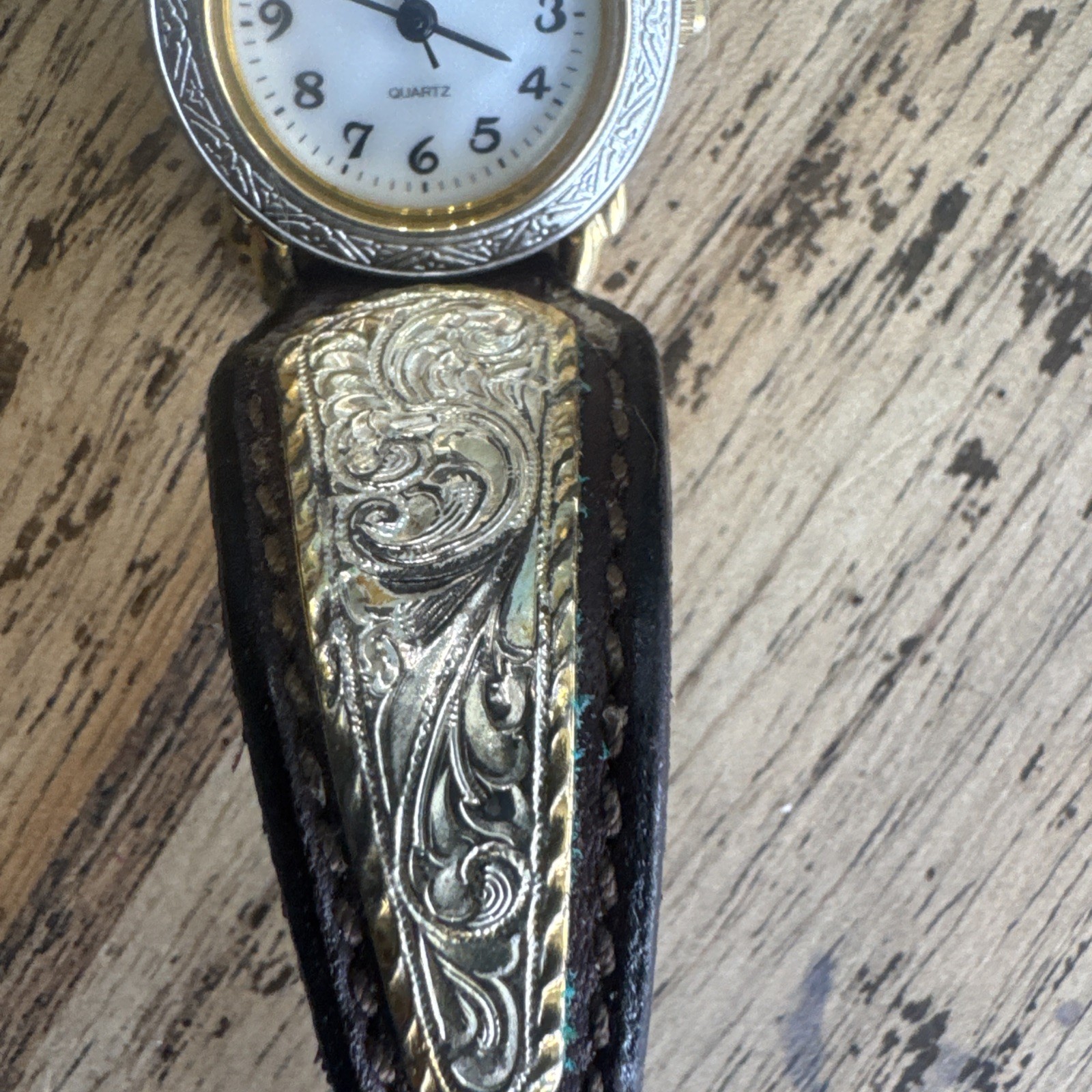 Montana Silversmiths Watch w/ Gold Scrolls On Dark Brown Leather