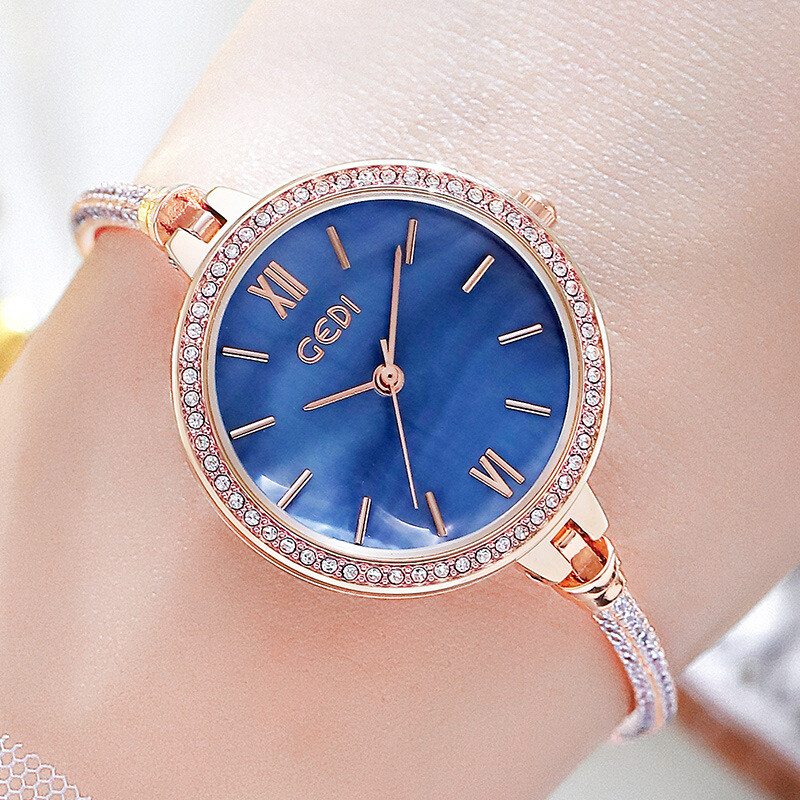 18K Rose Gold Filled Crystal Round Face Adjustable Slide Bracelet Quartz Watch