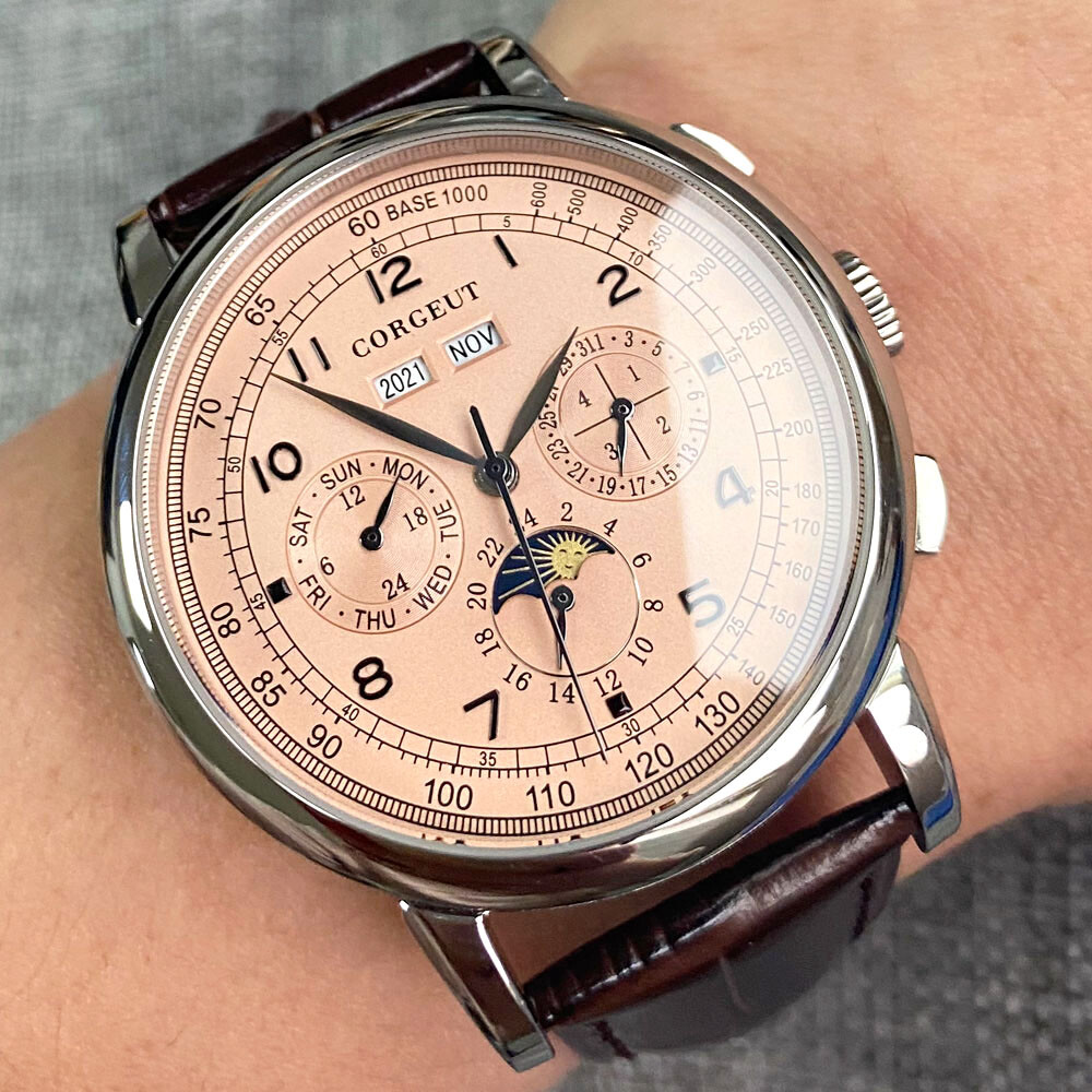 42mm Corgeut Green Blue pink Dial Day Multifunction Sea-gull Automatic Men Watch