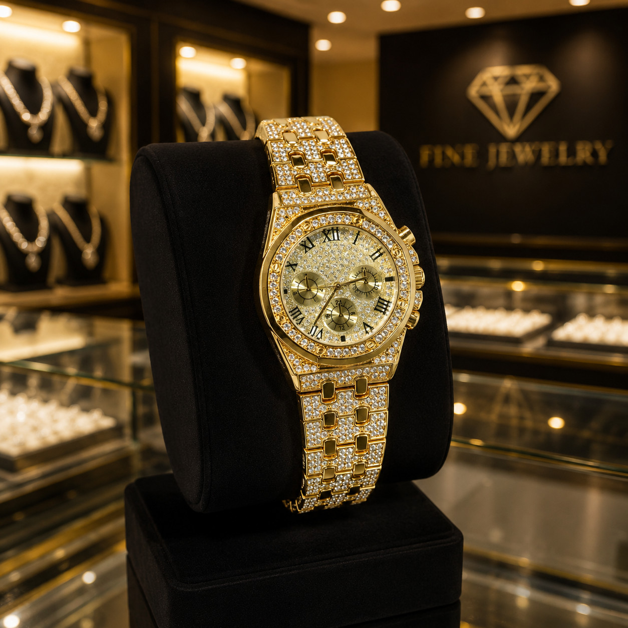 Luxury Gold Plated Triple Dial Quartz Watch with Rhinestones for Men