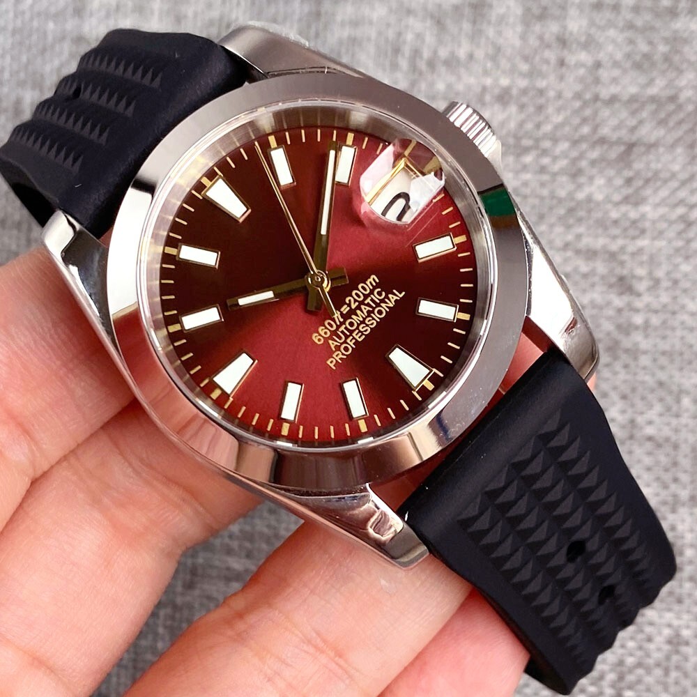 Dark Red 36MM NH35A 20BAR Waterproof Luminous Mechanical Men’s Watch Screw Crown