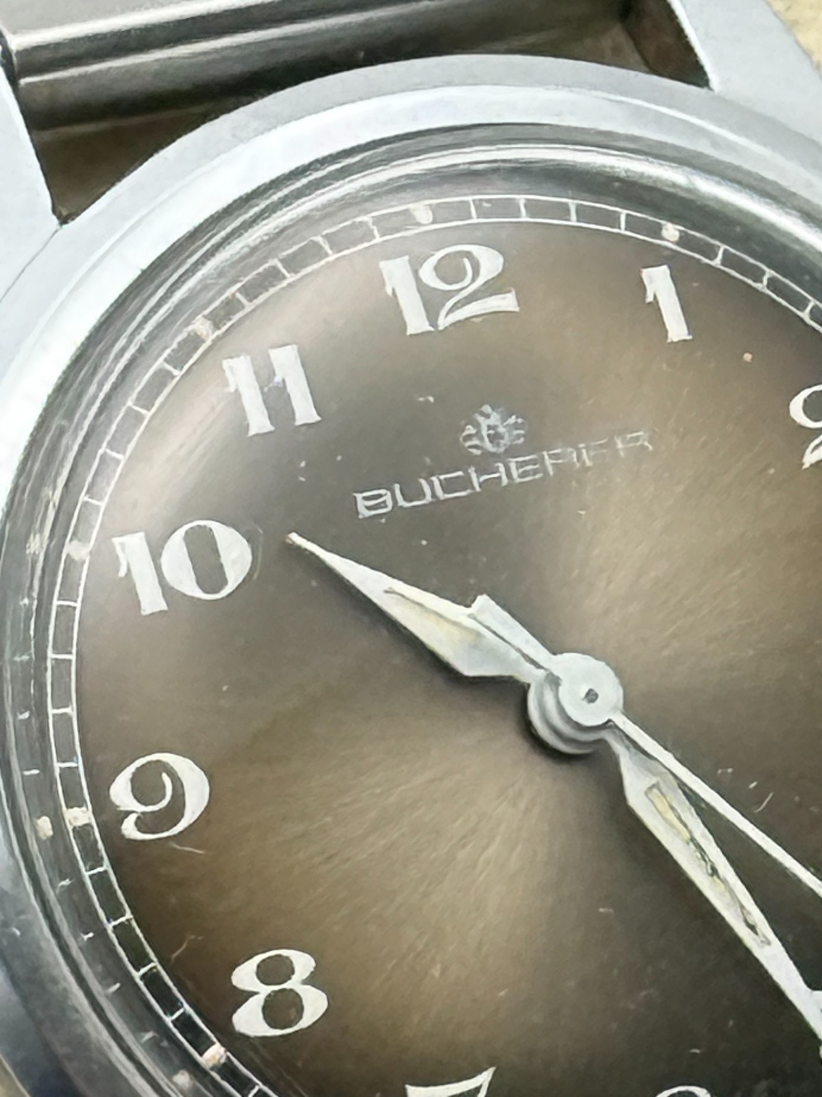 Vintage Bucherer 31mm Stainless Manual Wind Tropical Dial Watch