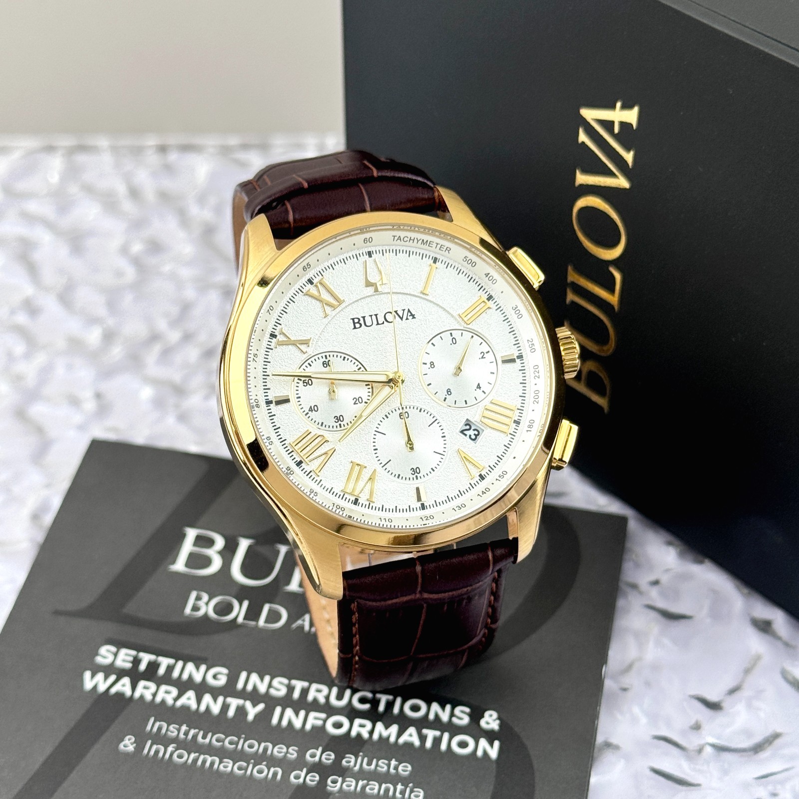 Bulova Men’s Classic Wilton White Dial Leather Strap Chronograph Watch 97B169