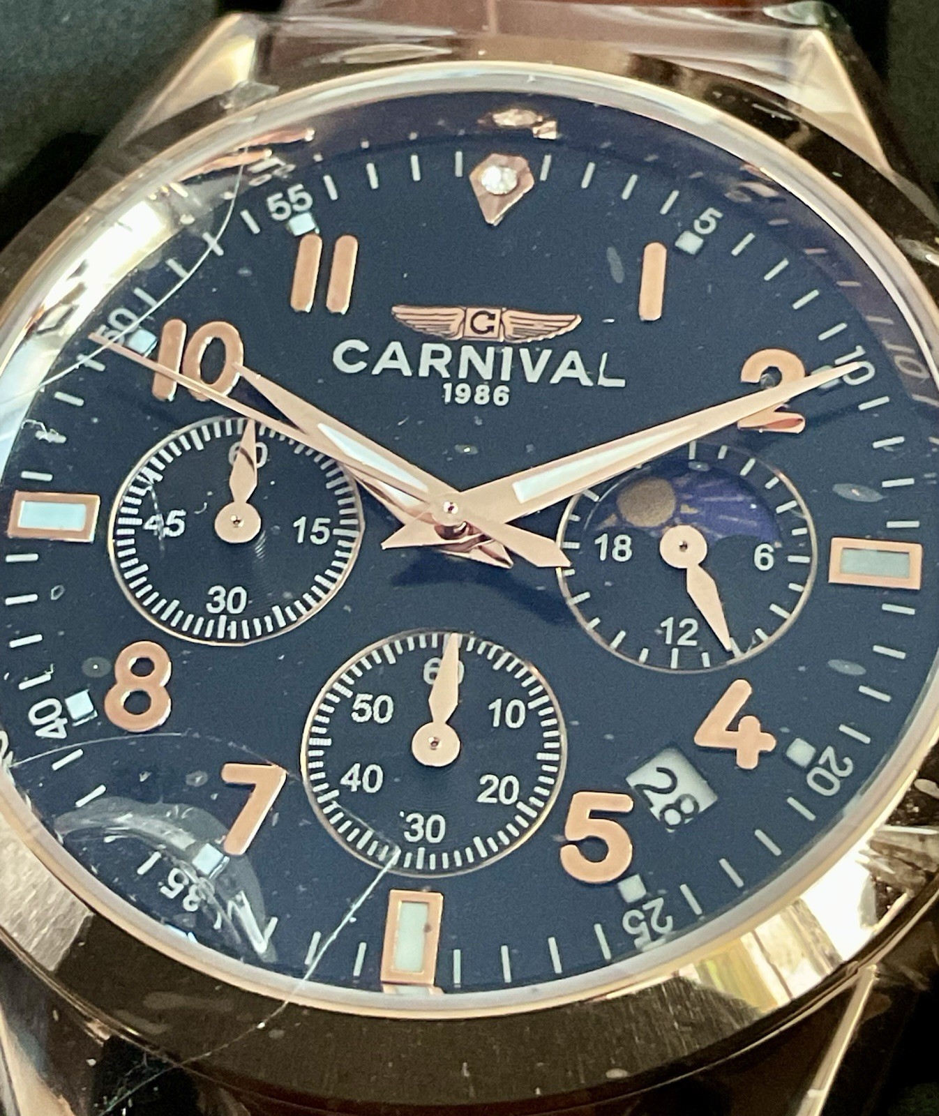 NIB Superb Black And Gold Carnival 1986 Chronograph Moonphase Date Watch