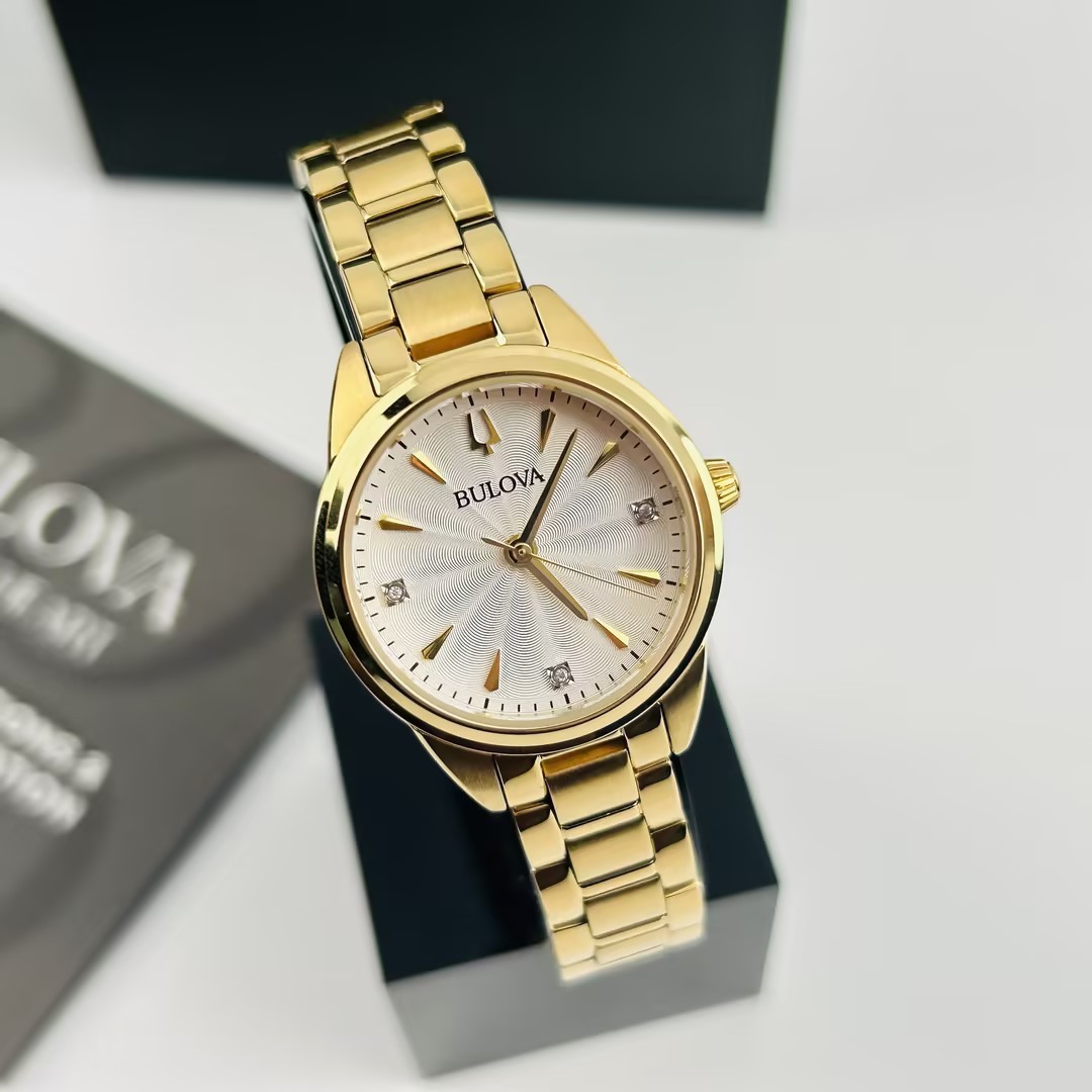 Bulova Women’s Sutton 97P150 White Diamond Dial Gold Strap Quartz Watch 28 mm