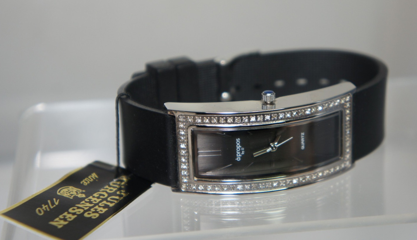 Jules Jurgensen A011B SilverTone Black Dial Crystal Bezel Strap Buckle Watch NIB