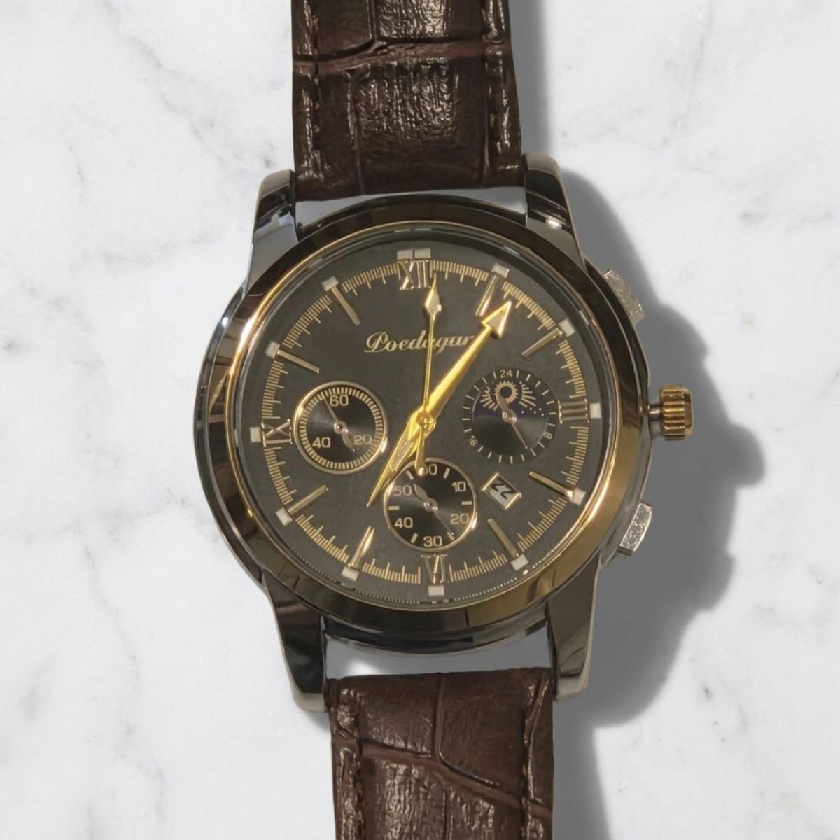 Men 42mm Quartz Black Dial Analog Gold Watch Date Brown Leather Strap Poedagar