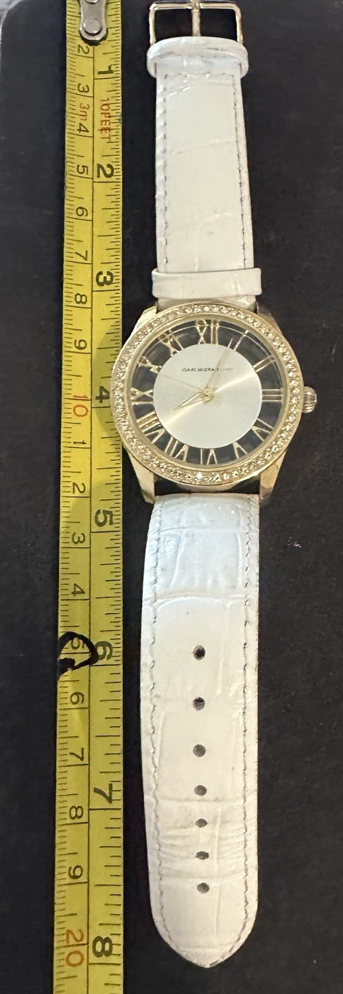 Isaac Mizrahi Live! Women’s Gold-Tone Crystal Bezel Quartz Watch White Strap