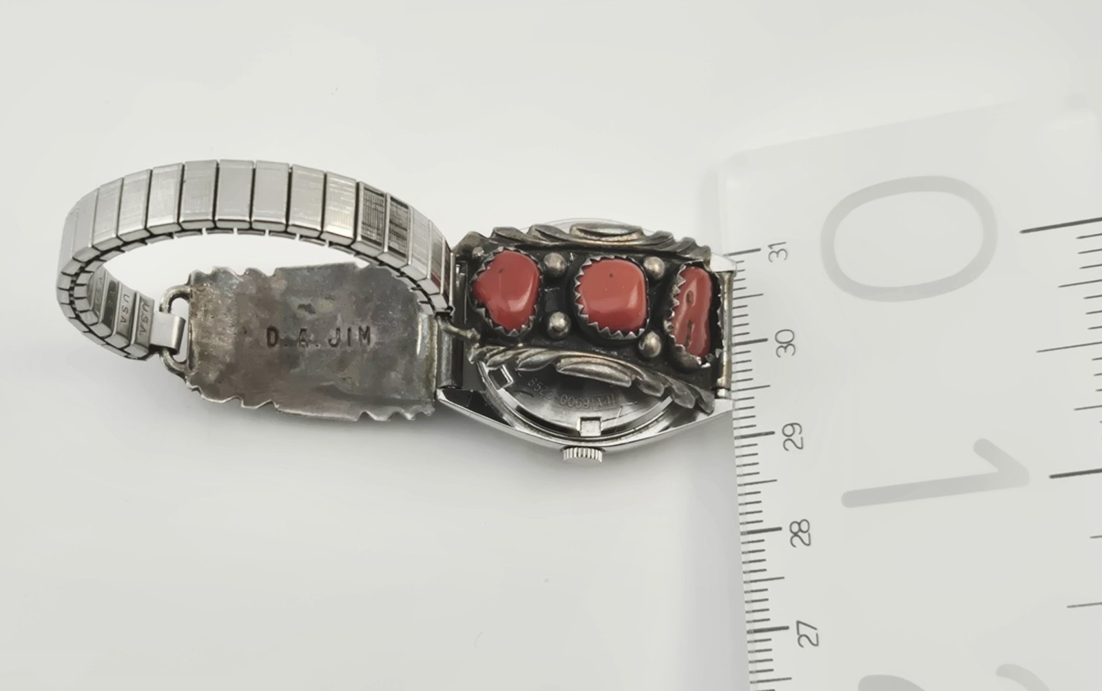 Navajo Sterling Silver Coral Cuff Seiko Quartz Flex Watch D.A. Jim Native – 6″