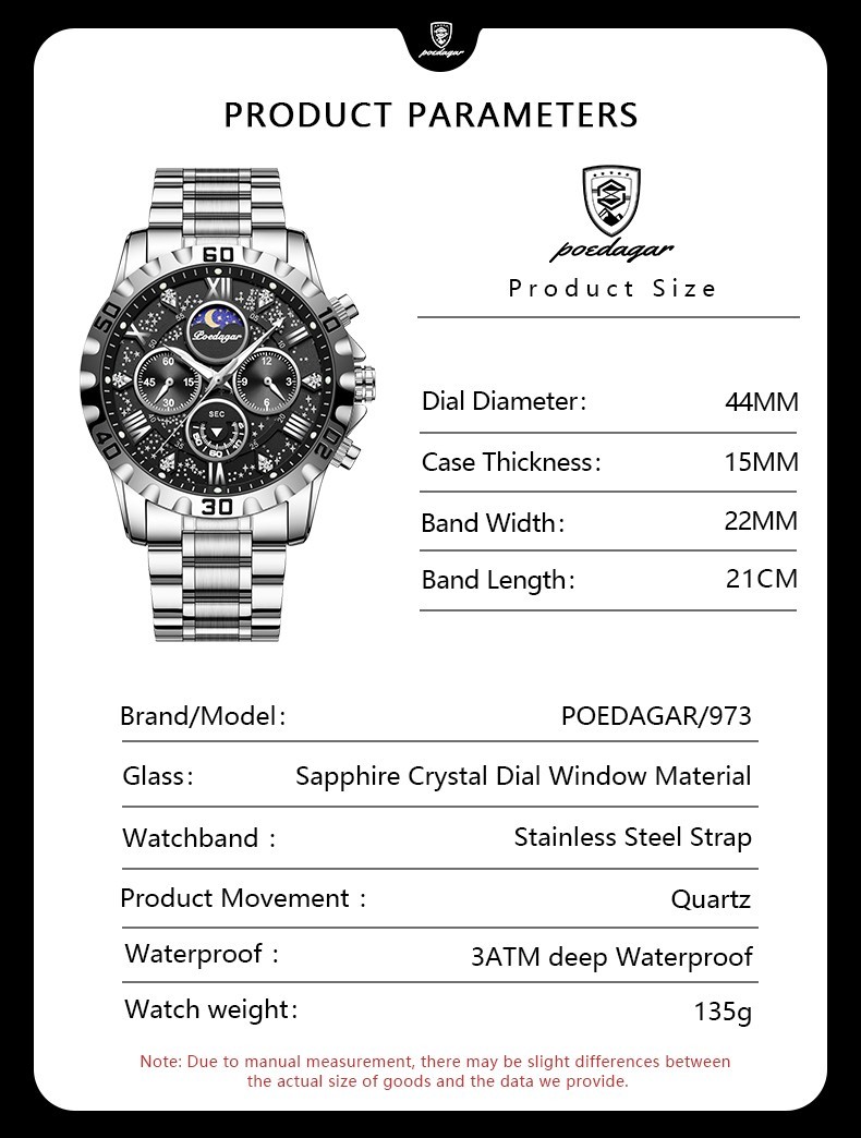 POEDAGAR Luxury Men’s Quartz Watch 3ATM Luminous Stainless-Steel Chronograph