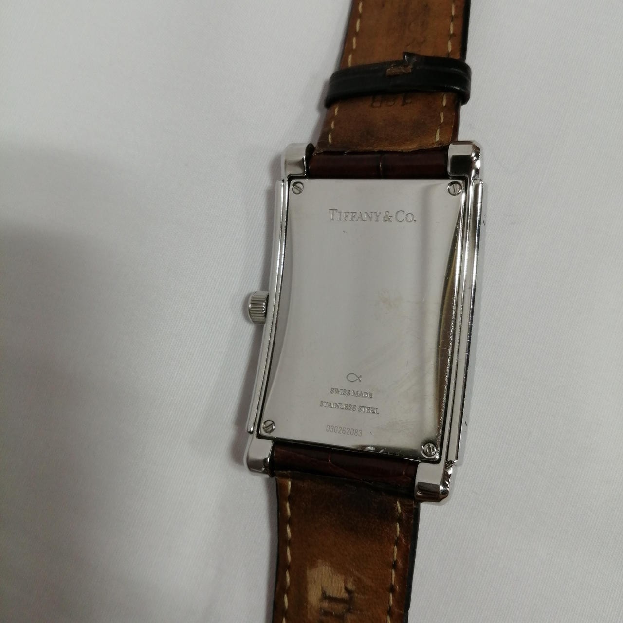 [B1N] Tiffany & Co. Grand Quartz Rectangular Silver Brown Leather Watch [x9w]
