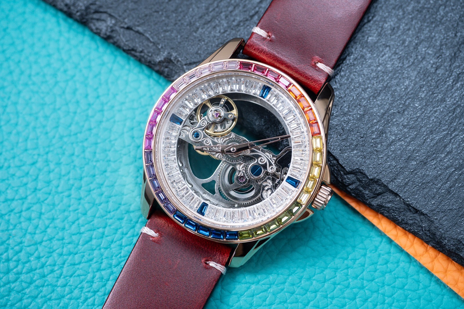 Mens Rose Gold Automatic Mechanical Watch Rainbow Cubic Oil Waxed Dark Red