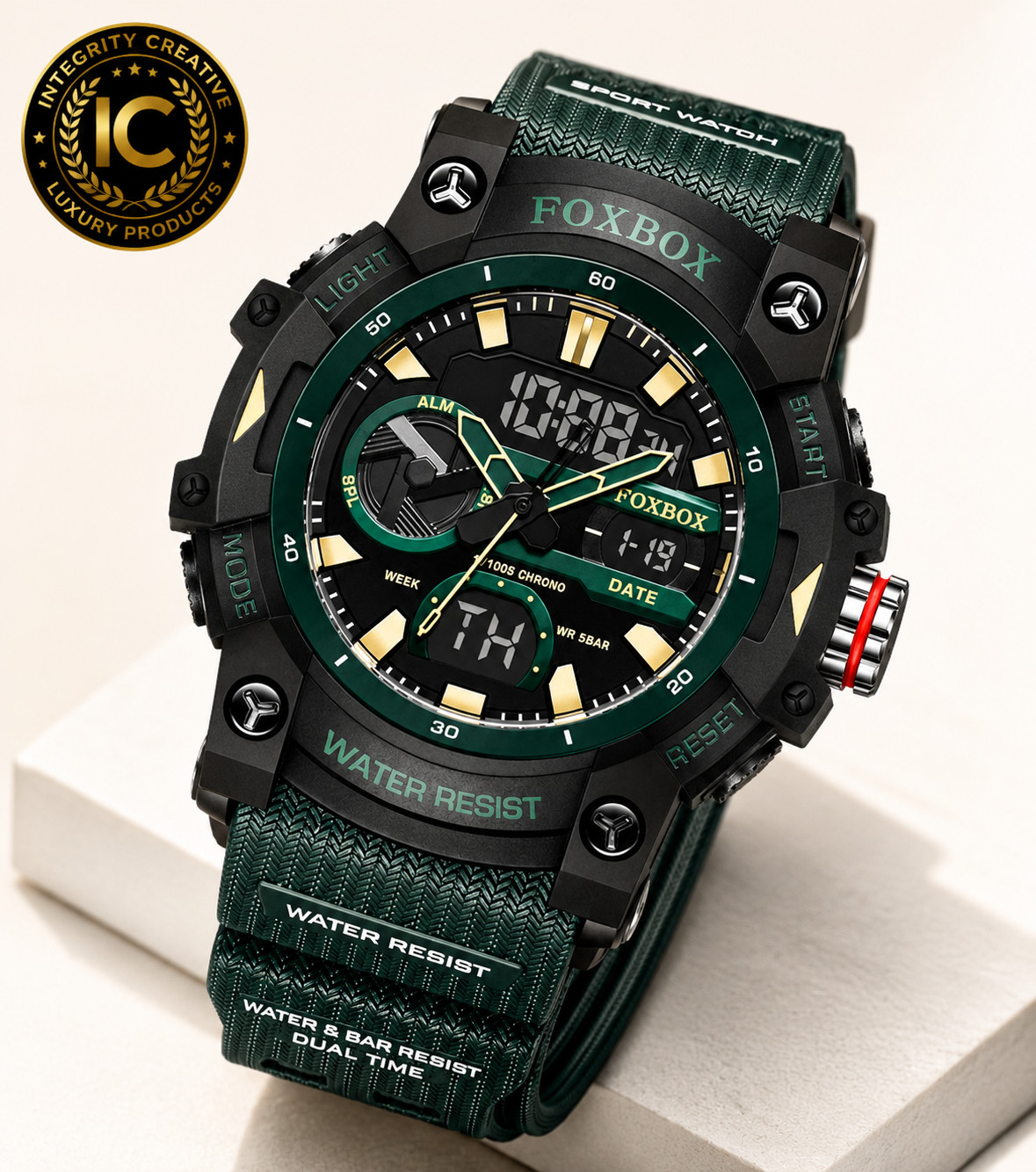 Men’s Sporty Quartz Digital Analog Luminous Waterproof Watch Green Black Dial