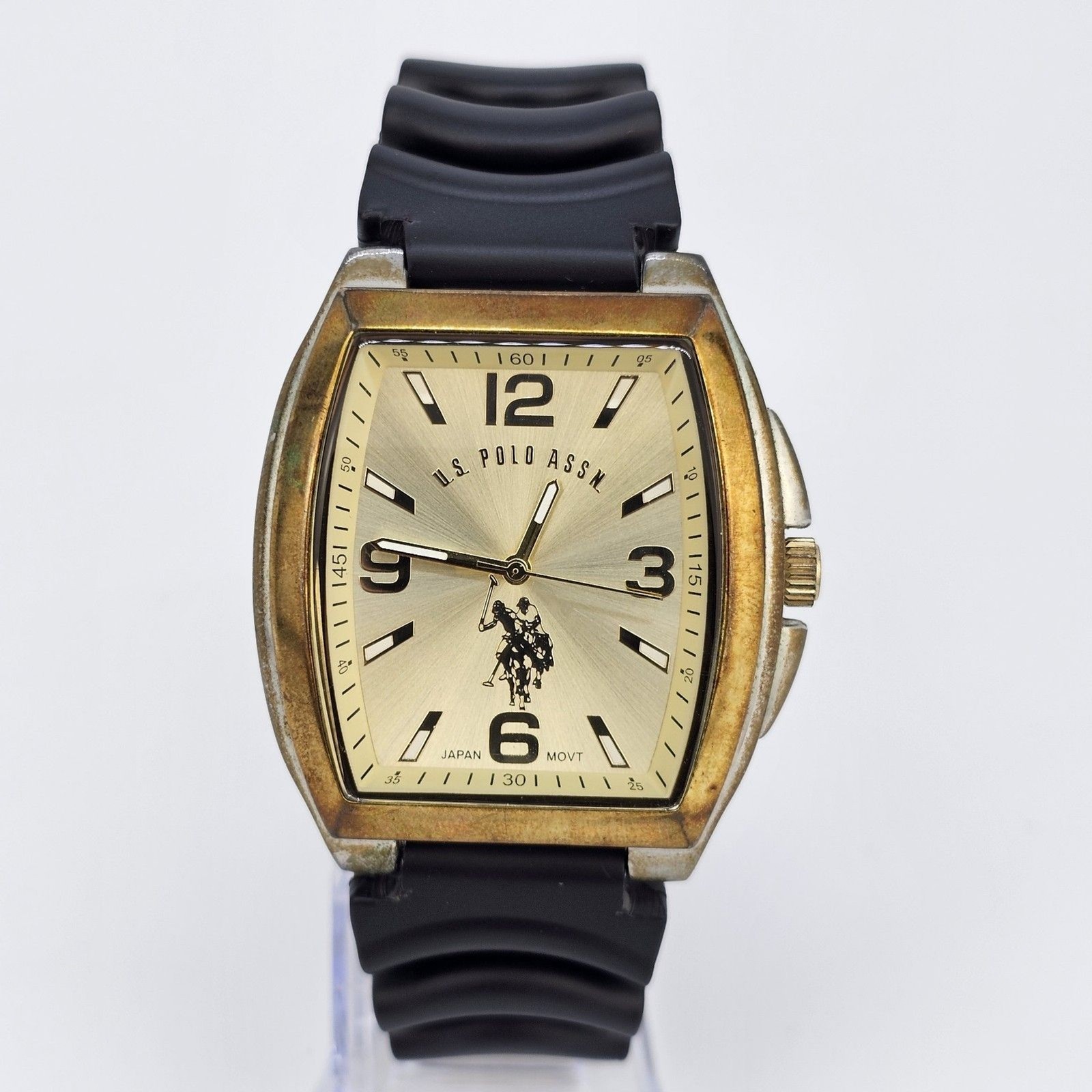 US Polo Assn Men’s Watch 42mm Gold Dial Case New Black Platic Bands New Battery