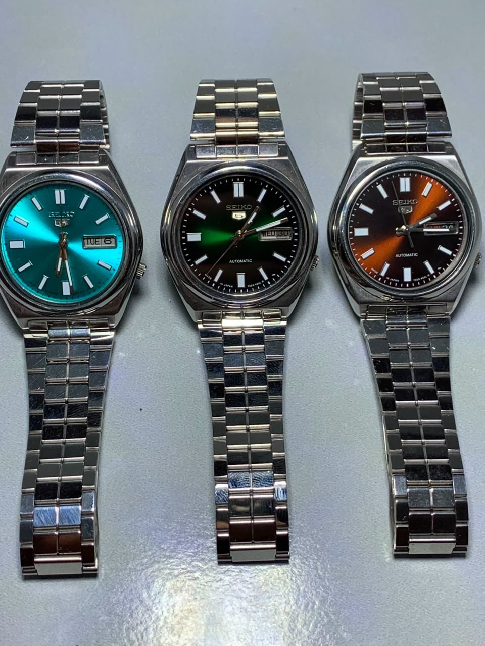 Vintage Seiko 5 Automatic Lot of 3 Tiffany Blue Maroon Green Dial Watches