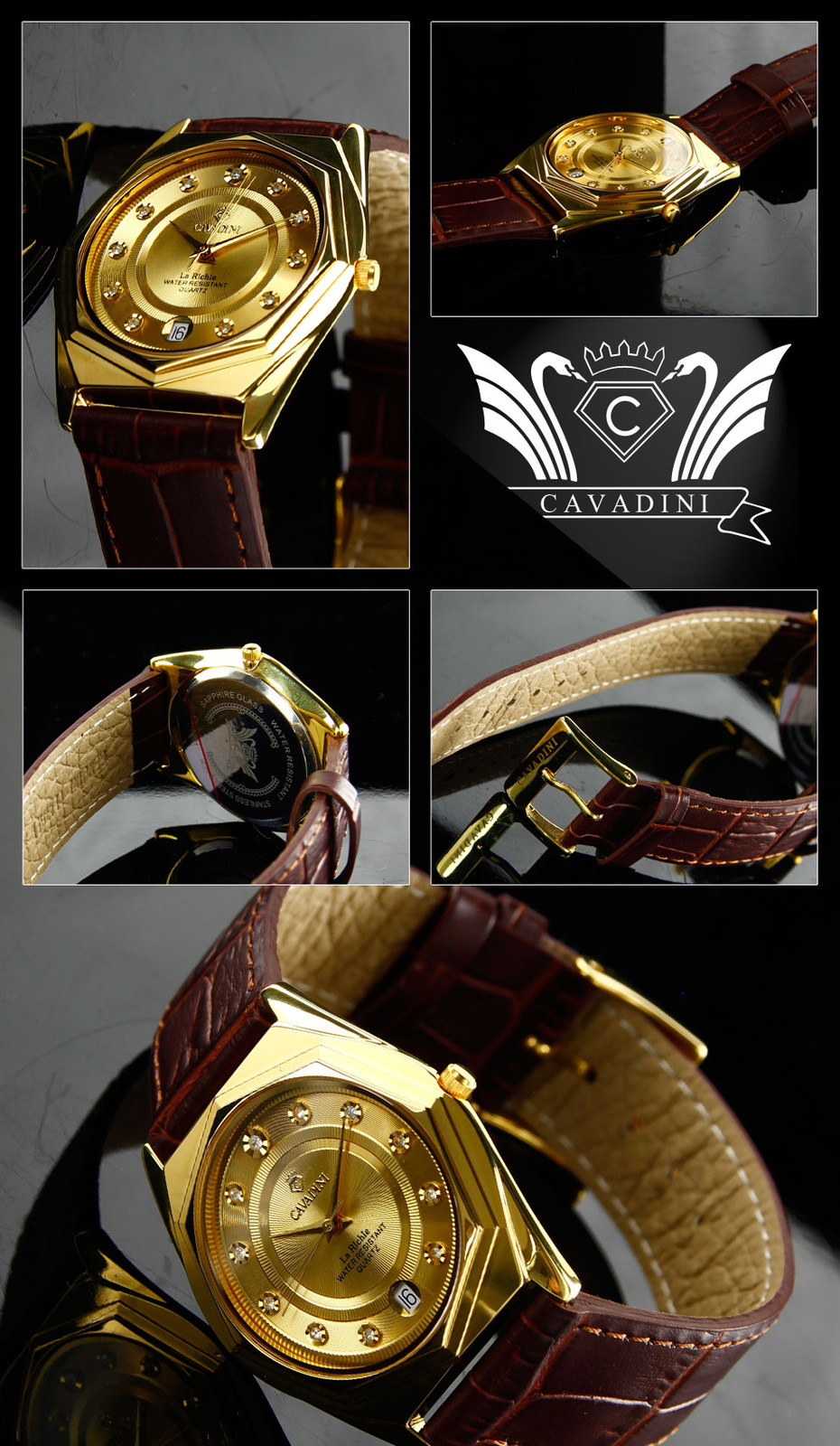 Cavadini Leather Strap Watch Unisex La Richie Dial Cubic Zirconia Sapphires Coated Glass