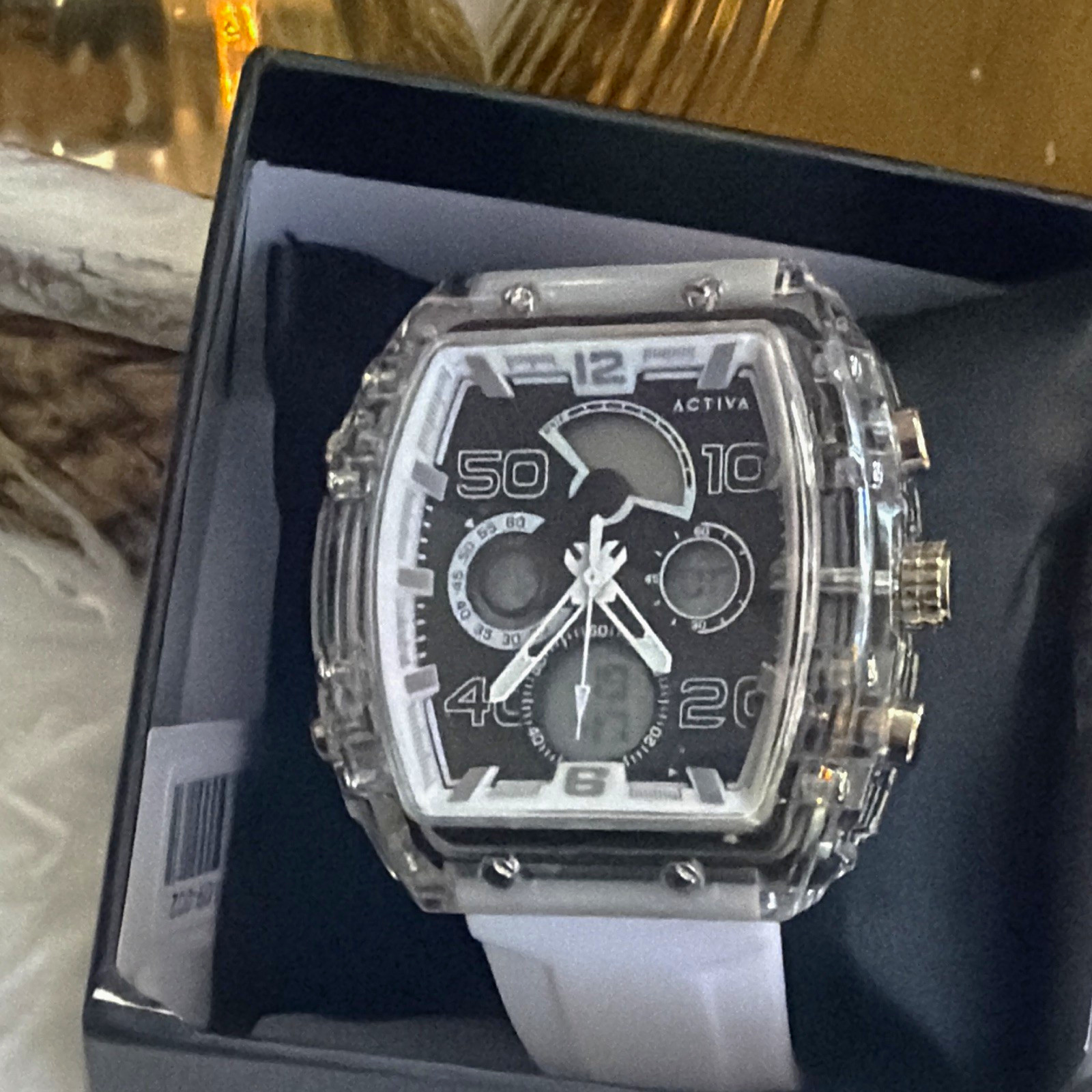 Activa Sport Quartz Chronograph Analog/Digital Clear Case White Strap Box