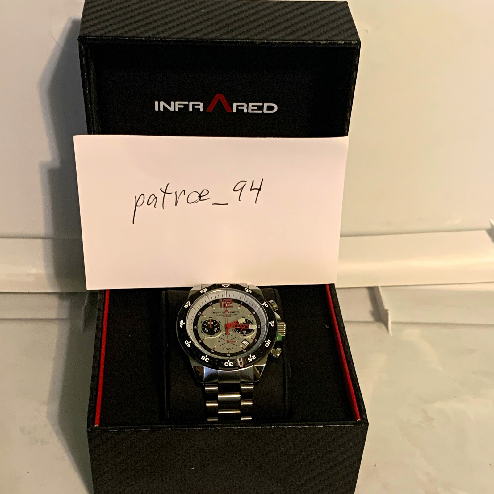 Infrared Men’s Quartz Chronograph Watch 100m Steel Bracelet Black Bezel Box