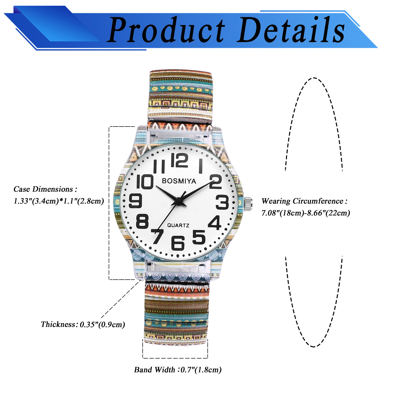 Womens Girls Boho Printed Elastic Band Big Numbers Round Dial Analog Wrist Watch