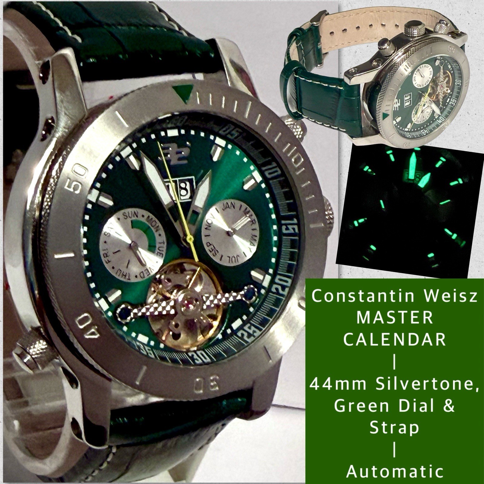 44mm Auto MASTER CALENDAR | Green Dial & Strap | Open Heart | 32 DEGREES Watch