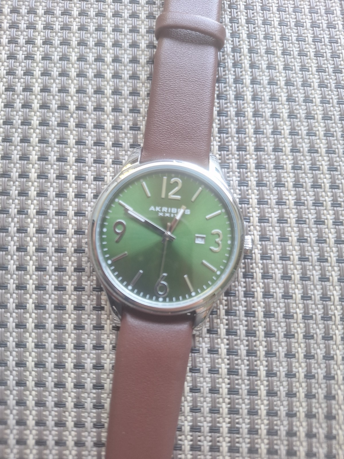 Akribos XXIV AK869GN Date Arabic Numerals Leather Strap Green Dial Mens Watch