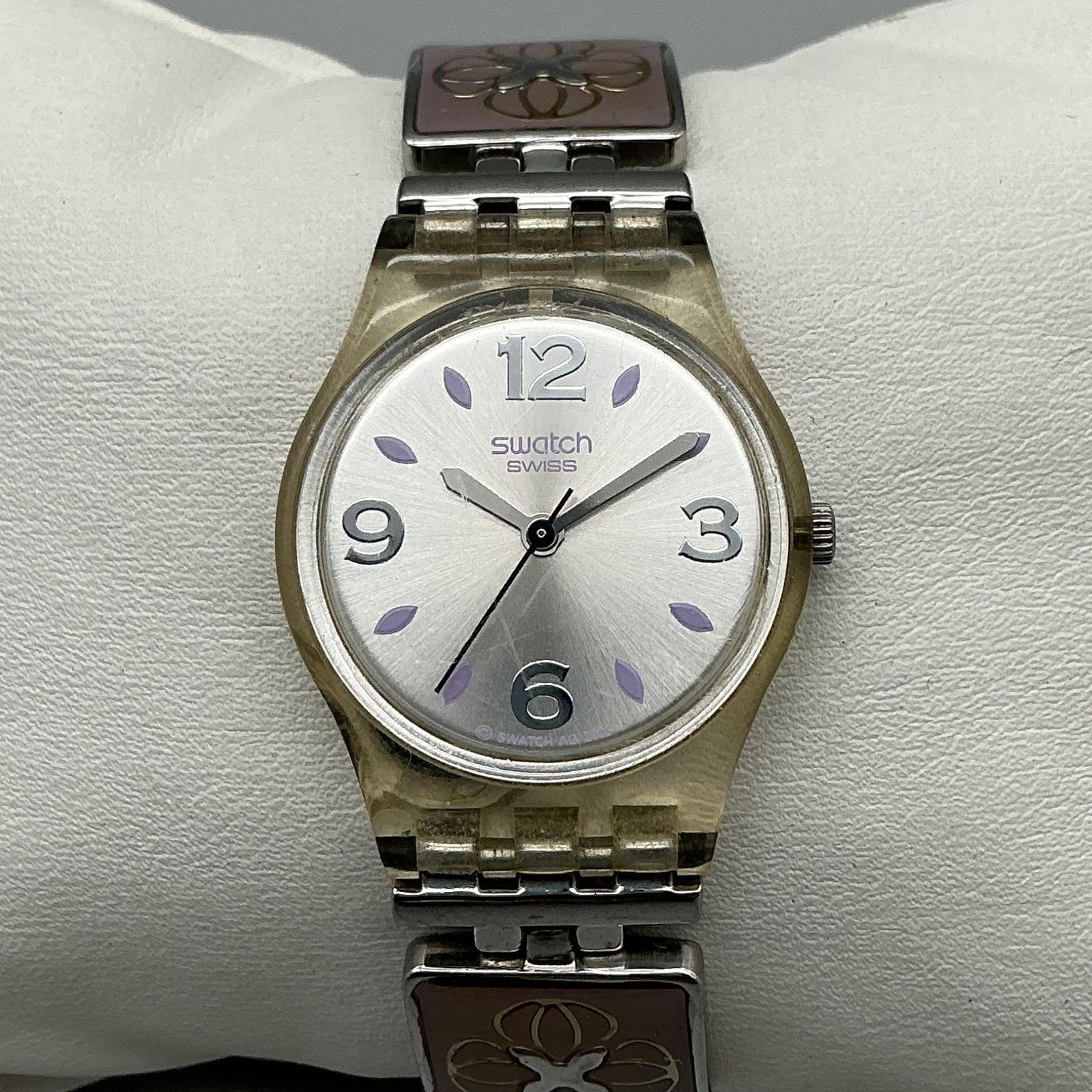 Swatch Lovely Lavender Womens Watch 25mm Floral Links Steel New Battery 6.5″