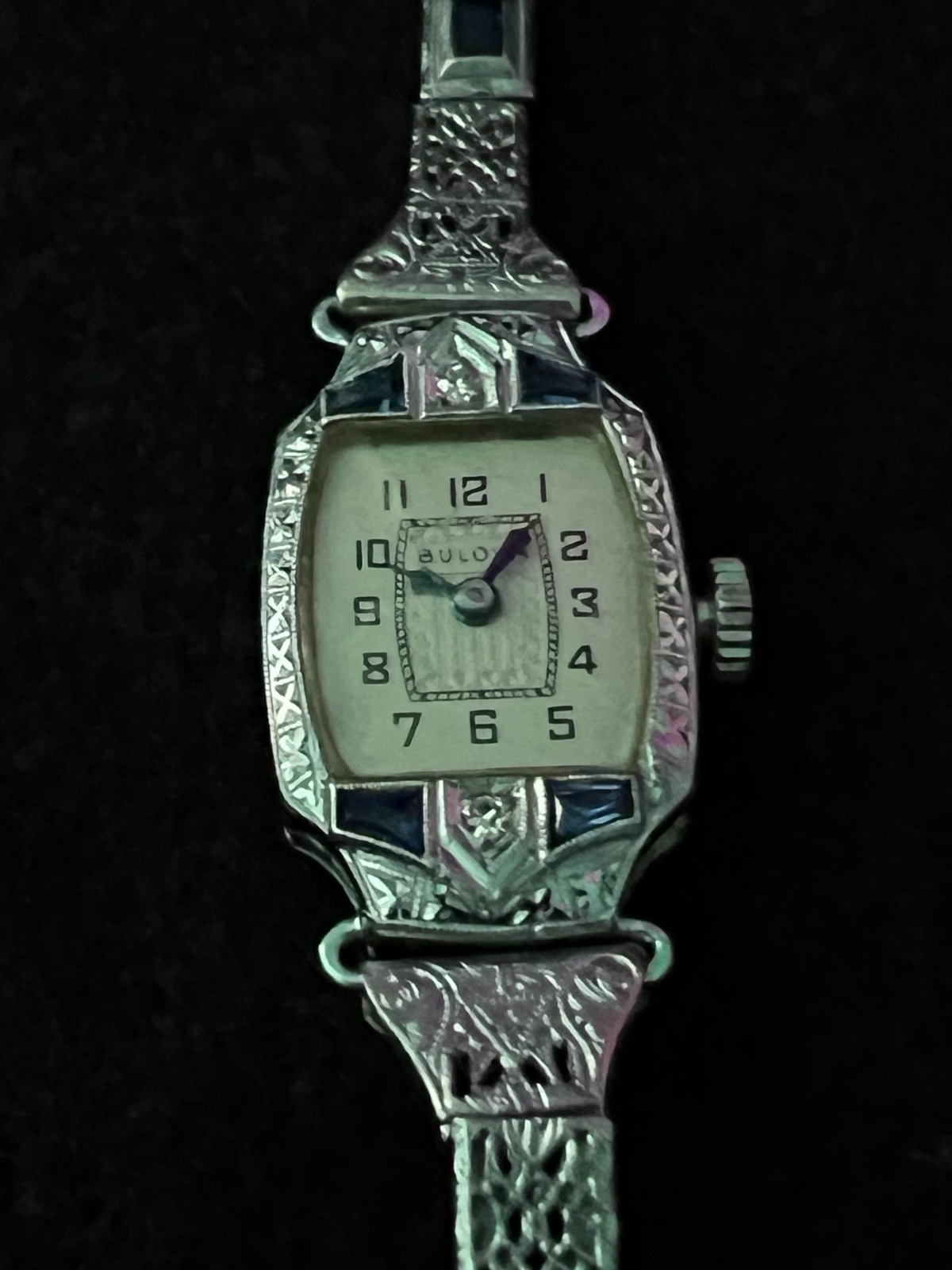 LADIES ART DECO 14K WHITE GOLD DIAMOND SAPPHIRE BULOVA WATCH