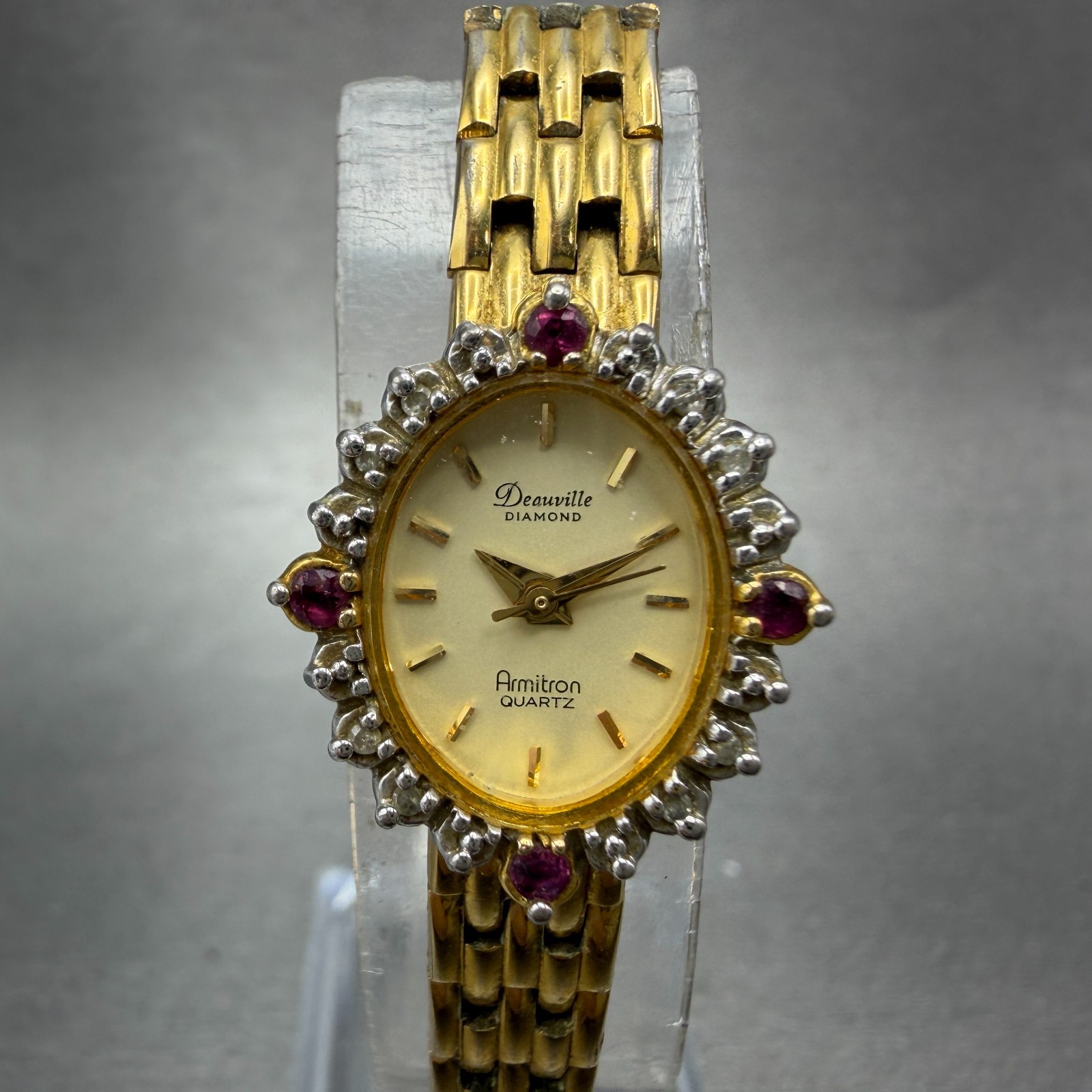 Armitron Deauville Diamond Watch Women 15mm Gold Dial Gold Ruby Oval New Battery