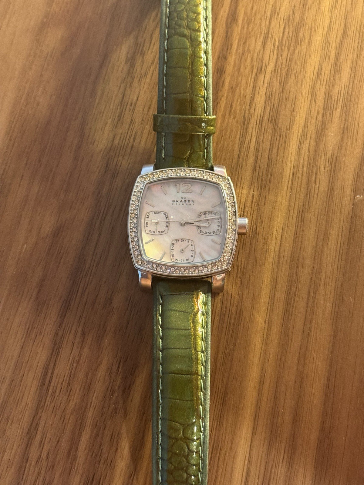 Women’s Skagen Wristwatch Mother of Pearl Dial with Green Genuine Leather Band
